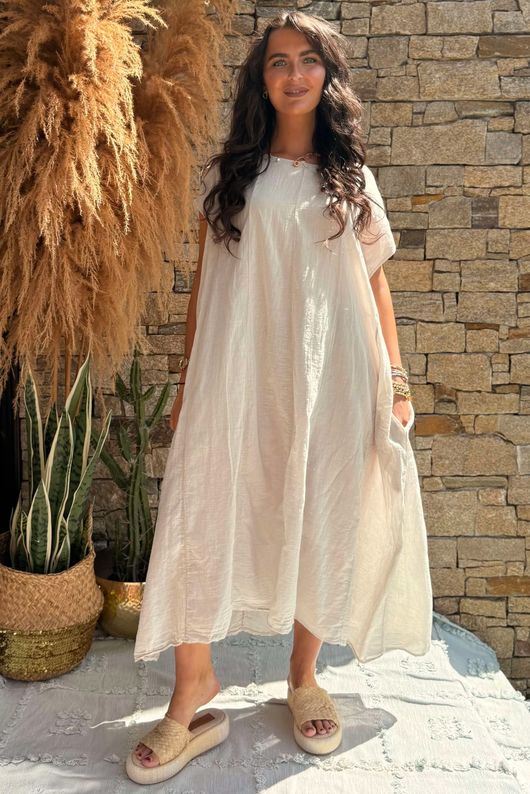 Made in Italy Sa Caleta Cotton Cap Sleeve Pocket Midaxi Dress Stone - 